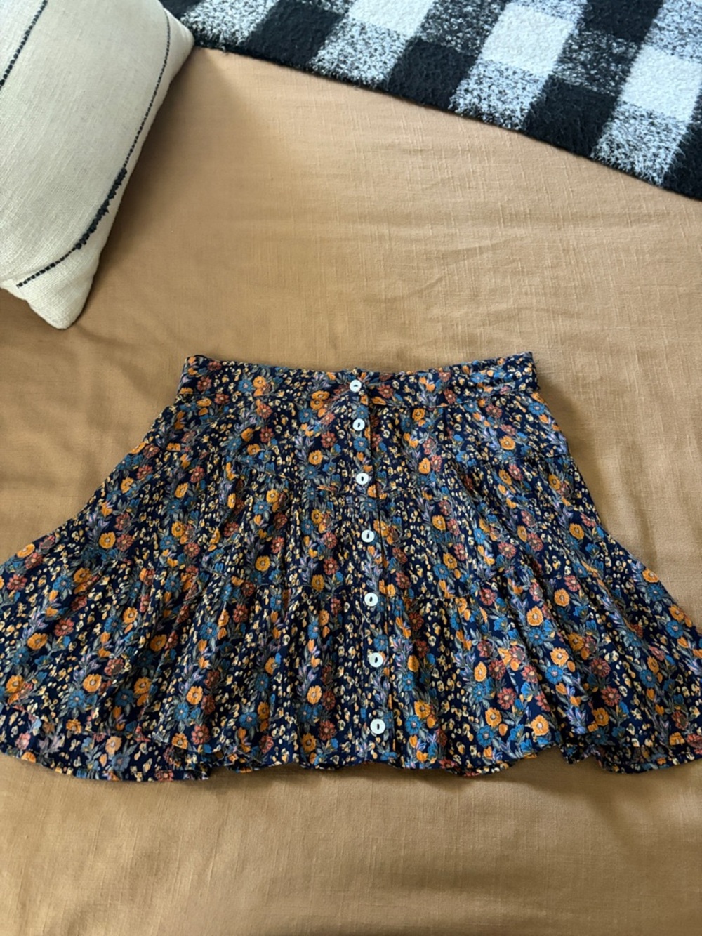 Angie Floral Button-Front Mini Skirt - Navy with Orange Floral